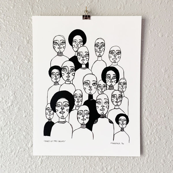 Art print of funky drawn faces on cardstock. From Osseous Design by independent artist Makena Peet.