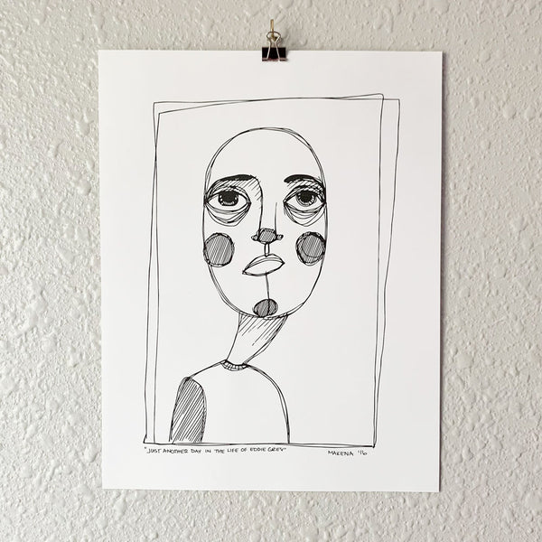 Art print of funky face drawing on cardstock. From Osseous Design by independent artist Makena Peet.