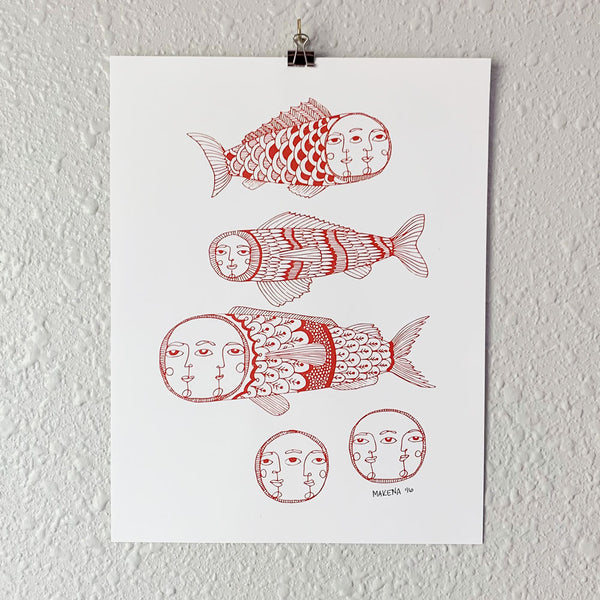 Art print of five funky red fish drawings on cardstock. From Osseous Design by independent artist Makena Peet.