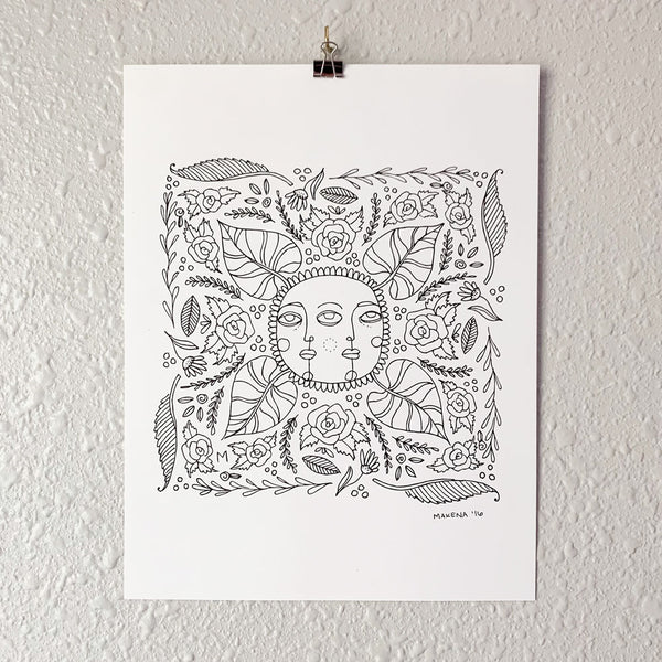 Art print of drawn face and floral designs on cardstock. From Osseous Design by independent artist Makena Peet.