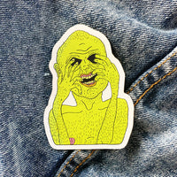 Green melting man, split-back sticker in matte finish. Waterproof and scratch resistant polypropylene. From Osseous Design by independent artist Makena Peet.