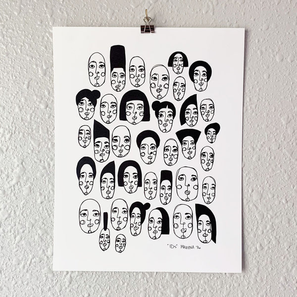 Art print of funky drawn faces on cardstock. From Osseous Design by independent artist Makena Peet.