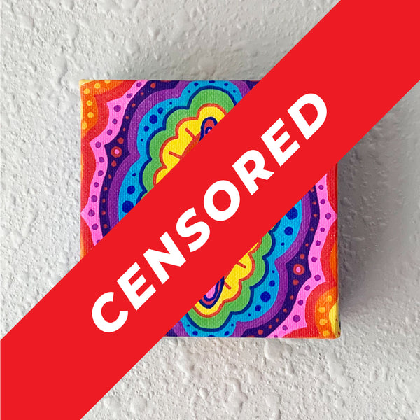 Censored image of a NSFW canvas panting of a colorful reproductive organ with a rainbow background. Art from Osseous Design by independent artist Makena Peet.