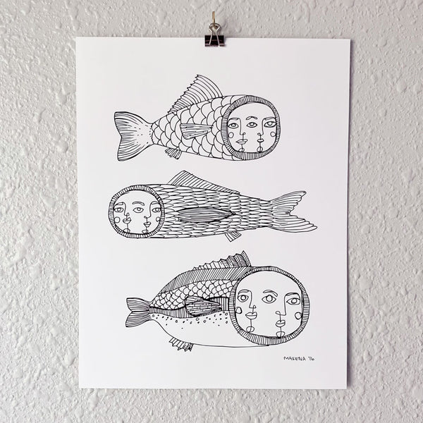 Art print of three funky fish drawings on cardstock. From Osseous Design by independent artist Makena Peet.