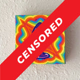 Censored image of a NSFW canvas panting of a purple adult toy with a rainbow background. Art from Osseous Design by independent artist Makena Peet.