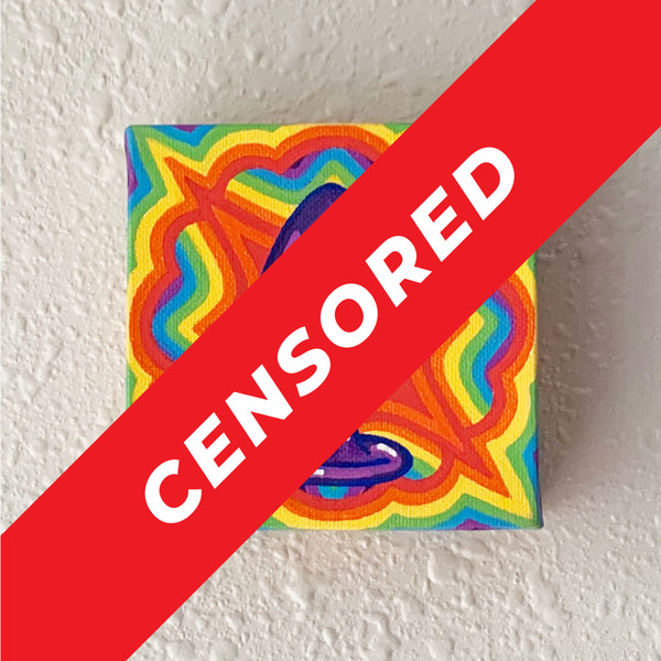 Censored image of a NSFW canvas panting of a purple adult toy with a rainbow background. Art from Osseous Design by independent artist Makena Peet.